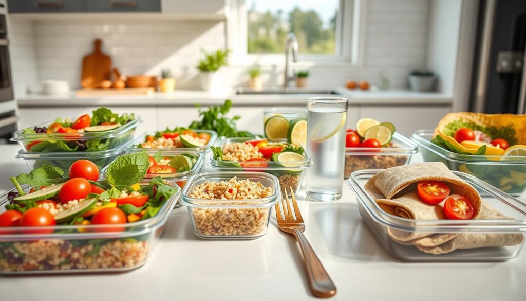 A beautifully arranged lunch table featuring an assortment of healthy meal prep options suitable for busy workdays. In the foreground, showcase vibrant containers filled with colorful salads, quinoa bowls, and whole grain wraps, garnished with fresh herbs and cherry tomatoes. Include a polished wooden fork and a glass of infused water with slices of lemon and mint. In the middle background, depict a clean, modern kitchen with natural light streaming in from a large window, casting soft shadows on the white countertops. Add a hint of green plants for a fresh feel. The mood should be energetic and inviting, suggesting simplicity and health, perfect for a workday meal. Use a slightly elevated angle to capture the entire setup while keeping the focus on the delicious food.