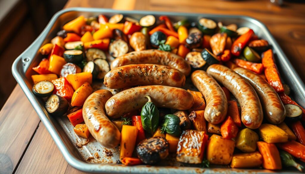 A beautifully arranged sheet pan filled with juicy sausages and a colorful assortment of roasted vegetables, including bell peppers, zucchini, and carrots. The sausages are golden-brown, glistening with herbs and spices. Surrounding them are vibrant, caramelized vegetables, showcasing a variety of textures and colors, all artfully spread across a silver sheet pan. The scene is set on a rustic wooden table, bathed in warm, natural lighting that creates an inviting and cozy atmosphere. The angle is slightly above, capturing the entire pan while providing a hint of a kitchen backdrop in soft focus. The overall mood is relaxed yet appetizing, emphasizing the ease and comfort of a lazy dinner.