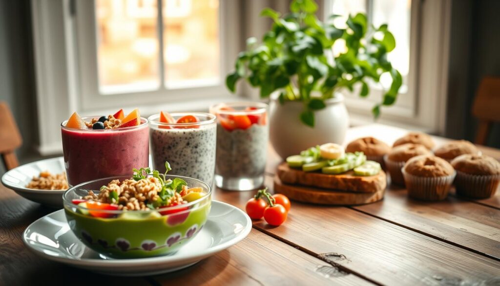 A beautifully arranged vegan breakfast spread showcasing an array of colorful dishes on a rustic wooden table. In the foreground, a vibrant smoothie bowl topped with fresh fruits, seeds, and granola, alongside a plate of avocado toast garnished with microgreens and cherry tomatoes. The middle layer features a fluffy chia seed pudding served in a glass, next to a selection of delectable breakfast muffins made with oats and bananas. The background includes a bright window casting soft, natural light, highlighting a potted herb plant that adds a touch of greenery. The atmosphere is warm and inviting, evoking a sense of freshness and health, perfect for a cozy breakfast setting. The scene should be captured with a shallow depth of field, focusing on the vibrant colors and textures of the food.