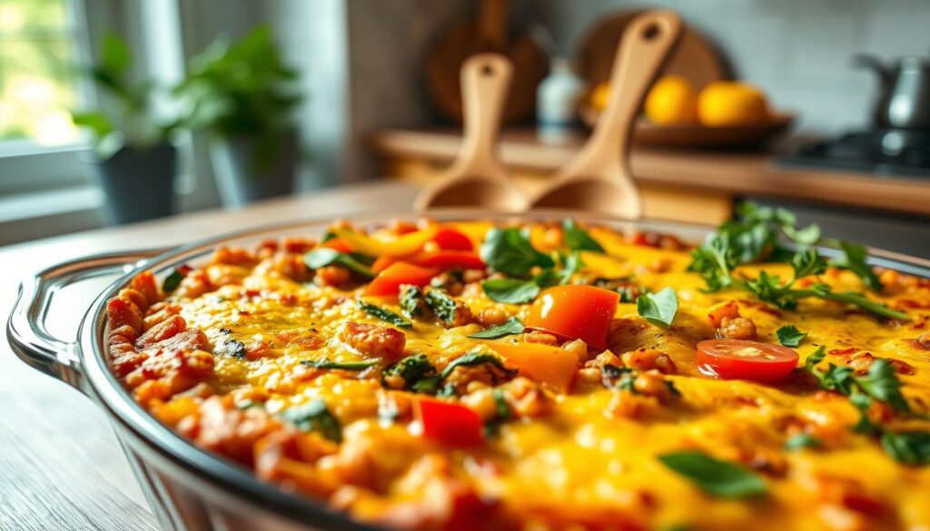 A beautifully arranged vegan casserole dish takes center stage, showcasing layers of vibrant vegetables, grains, and herbs, all baked to perfection. In the foreground, a golden-brown crust glistens with a drizzle of olive oil, while colorful bell peppers, spinach, and tomatoes peek through. The middle ground features rustic wooden serving spoons and a side of fresh herbs, adding warmth and texture. In the background, a softly blurred kitchen setting is illuminated by natural light, creating a cozy, inviting atmosphere. The overall mood is comforting and wholesome, perfect for a family gathering. The composition captures the essence of a satisfying, hearty meal, enticing viewers with its rich colors and inviting presentation.