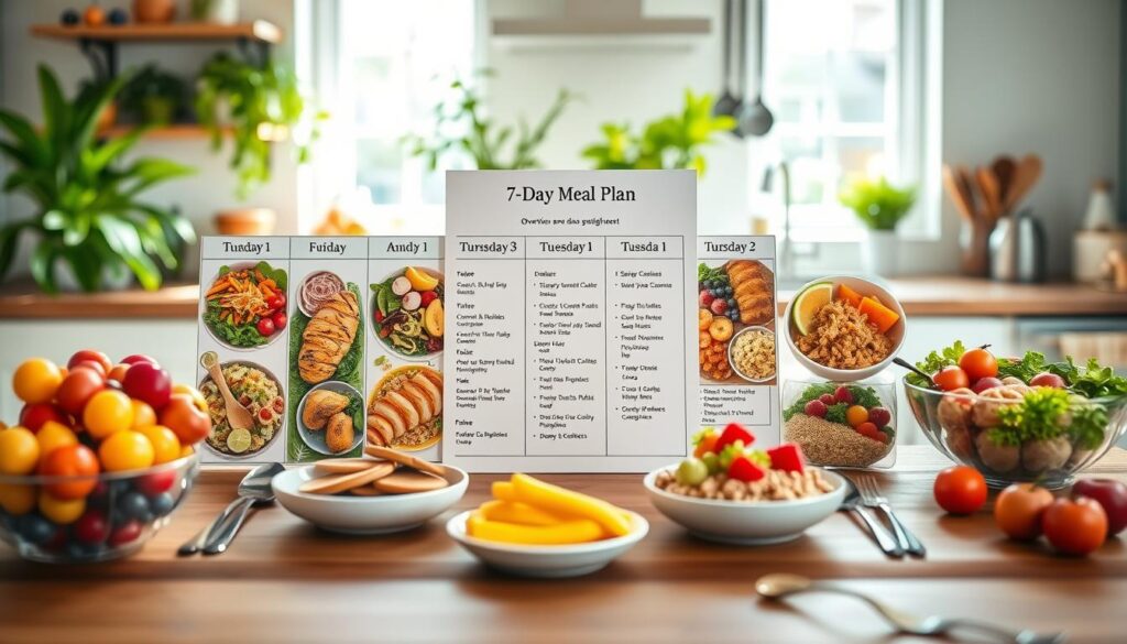 A beautifully organized 7-day meal plan overview displayed on a wooden table, with each day represented by colorful, healthy food items like salads, grilled chicken, quinoa bowls, and fruits. The foreground showcases a vibrant fruit bowl and utensils arranged neatly. In the middle, a printed meal plan sheet is visible, with each day's meals listed clearly, highlighting freshness and variety. The background features a bright, sunlit kitchen with green plants and cooking utensils, creating a warm and inviting atmosphere. The lighting is natural and soft, evoking a sense of health and wellness. The overall mood is cheerful and motivating, aiming to inspire beginners on their weight loss journey.