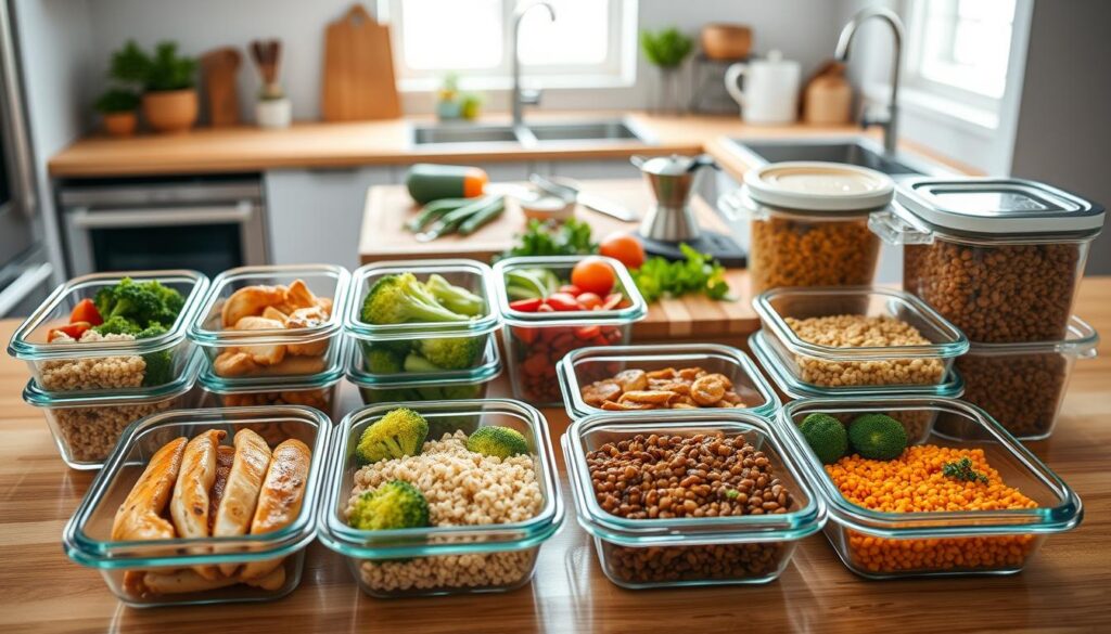 A beautifully organized meal prep scene displaying an array of high-protein ingredients. In the foreground, several glass meal prep containers filled with colorful, healthy meals like grilled chicken, quinoa, steamed broccoli, and lentils, arranged neatly on a wooden kitchen countertop. In the middle ground, a stylish cutting board with chopped vegetables and herbs, alongside kitchen tools like a knife and measuring cups. The background features a bright, modern kitchen with natural light streaming in through a window, highlighting the freshness of the ingredients. The overall atmosphere is vibrant, motivating, and conducive to healthy eating, evoking a sense of organized preparation for success in a high-protein diet.
