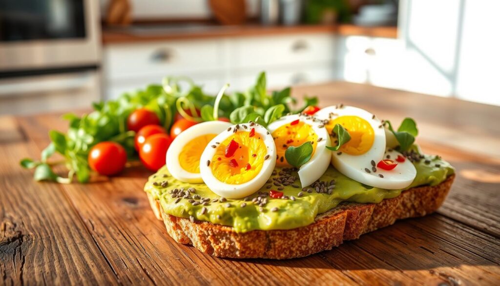 A beautifully plated avocado toast resting on a rustic wooden table, topped with a variety of protein-rich ingredients. In the foreground, the toast features creamy avocado spread, sprinkled with chia seeds and garnished with sliced hard-boiled eggs, and a dash of red pepper flakes. In the middle ground, there are colorful microgreens and a side of cherry tomatoes, adding a burst of color. The background is softly blurred to emphasize the dish, featuring a warm, sunlit kitchen ambiance. Use natural lighting to create a fresh and inviting atmosphere, with a slight overhead angle to capture the textures and layers of the toppings. The overall mood is energizing and nourishing, perfect for a quick, healthy breakfast.