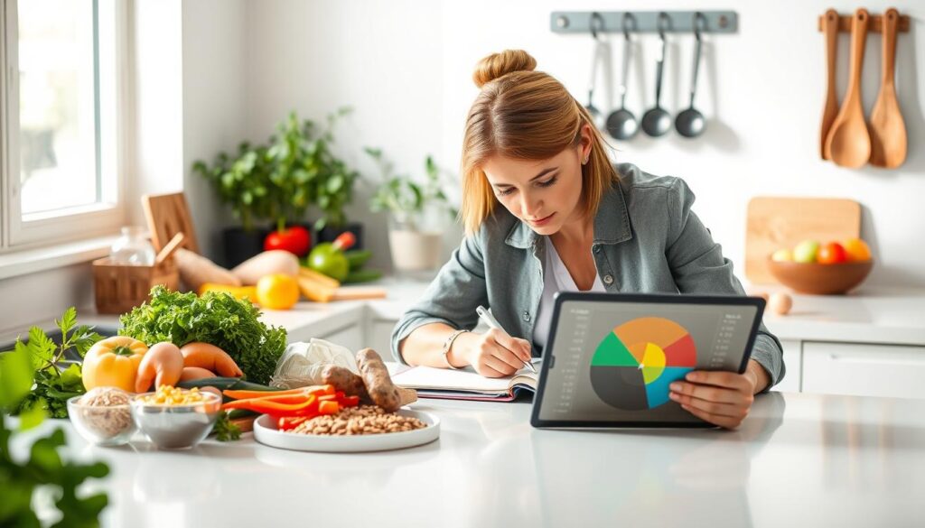 A bright, modern kitchen setting, with a clean and organized countertop displaying a variety of fresh vegetables, lean proteins, and healthy grains. In the foreground, a woman in smart casual attire is leaning over a notebook, deep in thought as she customizes her diabetes meal plan, calculating calorie needs. Beside her, there is a digital tablet showing a colorful pie chart of macronutrients. In the background, soft natural light streams through a window, highlighting a small indoor herb garden and utensils neatly hanging on the wall, creating an inviting atmosphere. The overall mood is focused and thoughtful, emphasizing health and well-being.