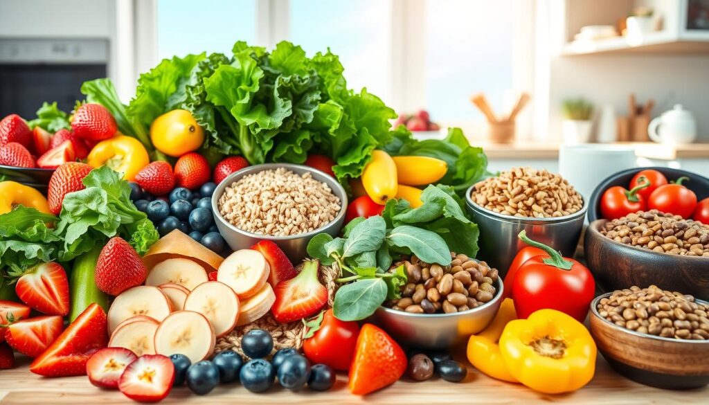 A colorful and informative layout of DASH diet food groups, featuring an abundance of fresh fruits and vegetables, whole grains, lean proteins, and low-fat dairy products. In the foreground, a vibrant array of sliced fruits like strawberries, blueberries, and bananas along with leafy greens and colorful peppers. The middle ground showcases whole grain bread, brown rice, and legumes presented in appealing bowls. In the background, a clear blue sky and a sunny kitchen environment that evokes a healthy, inviting atmosphere. Soft natural lighting pours in from a window, highlighting the freshness of the ingredients. The mood is bright and energetic, inspiring healthy eating choices. The composition is designed without any text or additional distractions, solely focusing on the food groups of the DASH diet.