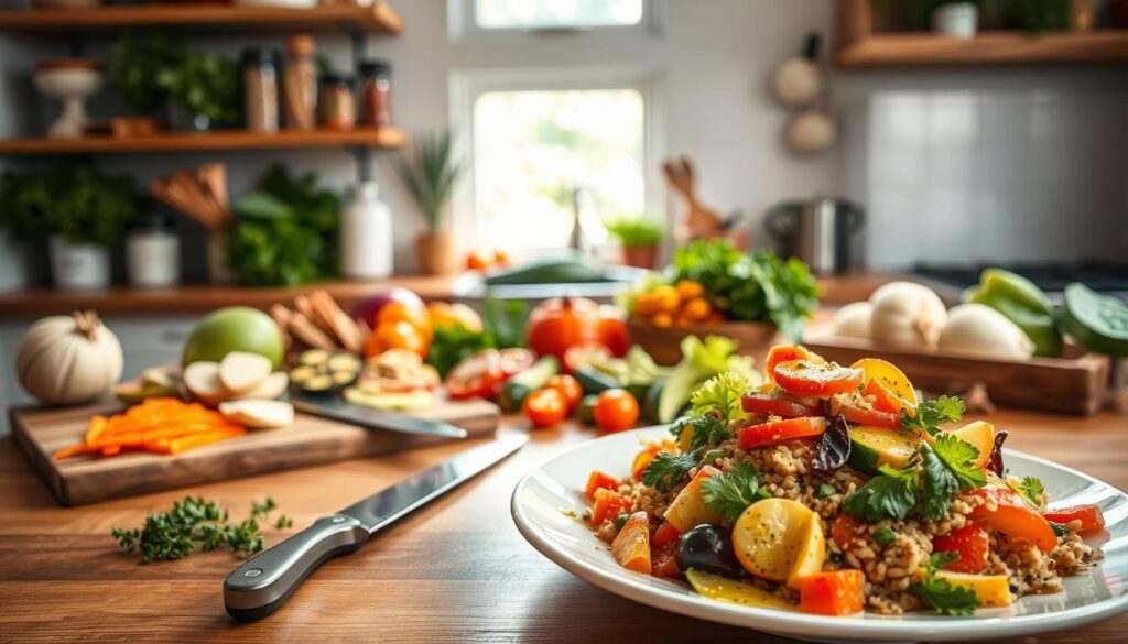 A cozy kitchen scene showcasing a variety of quick and healthy recipes, featuring vibrant, fresh ingredients like colorful vegetables, lean proteins, and whole grains arranged artistically on a wooden countertop. In the foreground, a beautifully plated dish of a colorful salad drizzled with a light vinaigrette. The middle ground includes a chopping board with neatly sliced ingredients and a gleaming knife, suggesting preparation. In the background, soft natural light filters through a window, illuminating jars of spices and herbs on a shelf, creating a warm, inviting atmosphere. The camera angle is slightly overhead, emphasizing the food's freshness and appeal, evoking a sense of simplicity and healthfulness. The mood is cheerful and inspiring, perfect for encouraging healthy cooking.