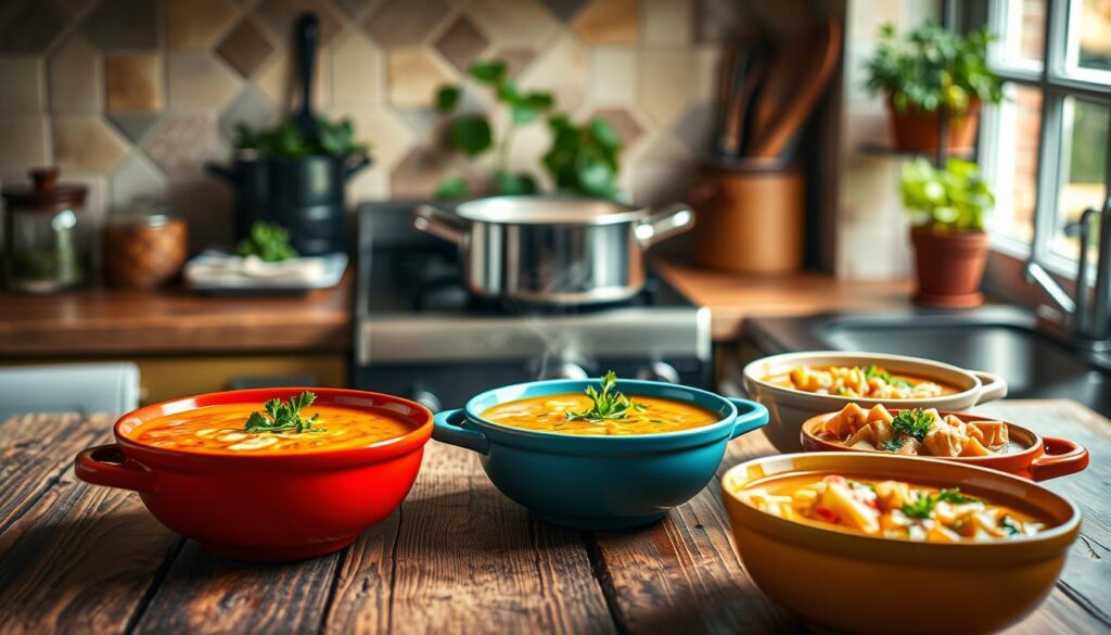 A cozy kitchen scene showcasing a variety of reheatable soups and stews in vibrant bowls. In the foreground, a rustic wooden table displays a colorful array of soups, including a creamy tomato bisque, a hearty vegetable stew, and a savory chicken noodle soup, each garnished with fresh herbs. A pot of soup simmers gently on the stove in the middle, with soft steam rising into the air. In the background, warm, inviting lighting filters through a window, illuminating the kitchen's tiled walls and an herb garden on the windowsill. The overall atmosphere is homey and healthy, suggesting comfort and nourishment, perfect for a quick lunchtime solution. The image is well-composed, using a shallow depth of field to keep the focus on the soups while softly blurring the background.