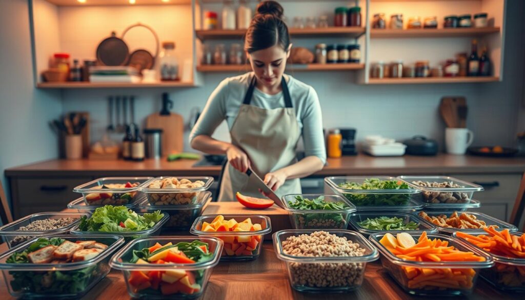 A cozy kitchen setting filled with the aroma of cooking, featuring a wooden table covered with neatly organized meal prep containers. In the foreground, there are colorful bowls filled with pre-chopped vegetables, grains, and proteins, beautifully arranged for a visually appealing meal prep display. In the middle, a person in a light, professional apron is efficiently chopping vegetables with a focused expression, embodying a sense of purpose and organization. The background showcases kitchen shelves filled with spices and jars, illuminated by warm, soft lighting that creates a welcoming atmosphere. The angle captures a slightly elevated view, making the meal prep process the focal point while conveying an impression of efficiency and harmony. The mood is inspiring, reflecting a stress-free approach to healthy cooking.