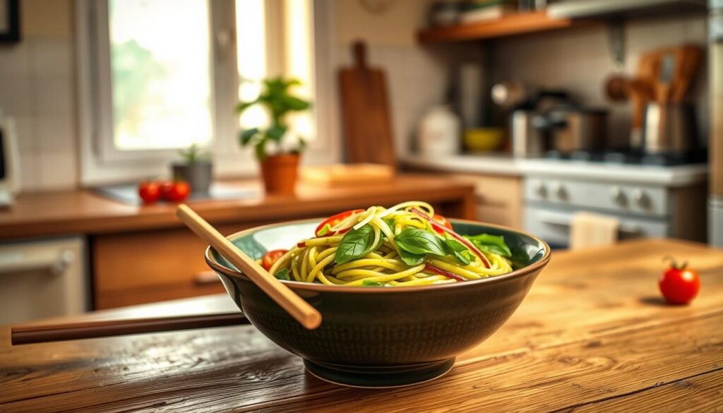 A delicious bowl of pesto ramen, elegantly styled on a rustic wooden table. The ramen noodles are perfectly twirled, glistening with vibrant green pesto sauce, adorned with fresh basil leaves, cherry tomatoes, and thinly sliced green onions. In the foreground, a pair of chopsticks rests against the bowl, hinting at inviting culinary exploration. The middle ground features a cozy, well-lit kitchen setting with a small potted plant and various cooking utensils, emphasizing the 'dorm meets gourmet' theme. The background showcases a softly blurred kitchen window, allowing warm, natural light to flood the scene, creating an inviting and homey atmosphere. The image conveys a sense of comfort and creativity, perfect for a quick yet elegant meal.