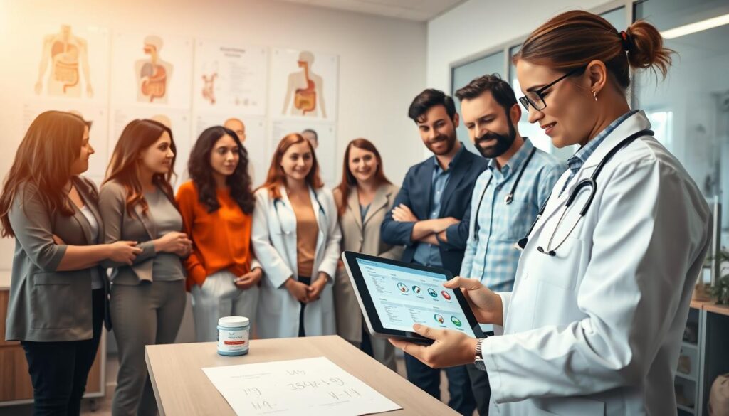 A professional healthcare setting focused on celiac disease diagnosis. In the foreground, a diverse group of healthcare professionals in smart casual clothing, including a doctor and a nutritionist, are attentively discussing diagnostic results displayed on a tablet. The middle ground features a modern medical office environment with anatomical charts of the gastrointestinal tract and gluten-related illustrations on the walls. In the background, soft, natural light filters through large windows, creating a warm and inviting atmosphere. The mood is focused yet hopeful, emphasizing the importance of understanding gluten sensitivities. The angle is slightly tilted downwards to capture the interaction among the professionals and the diagnostic tools they are using, without any people or objects appearing cluttered or distracting.