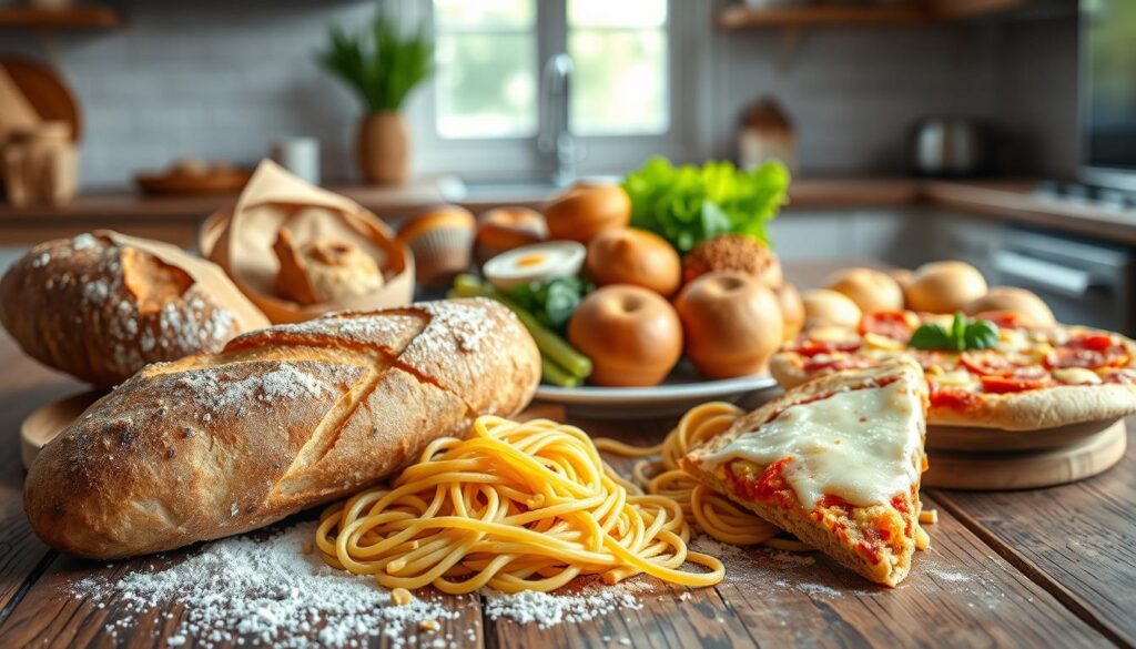 A selection of gluten-containing foods displayed on a rustic wooden table, showcasing items like loaves of bread, pasta, pastries, and a pizza slice with melted cheese. In the foreground, a close-up of a gluten-filled baguette and a bowl of spaghetti, with ingredients like flour and wheat grains scattered artistically. In the middle, a larger plate featuring a variety of baked goods such as muffins and pastries, with some fresh vegetables on the side to contrast. The background features a soft-focus kitchen setting with warm, natural light streaming through a window, creating an inviting but cautionary atmosphere. The scene evokes a sense of awareness regarding gluten, aiming to inform viewers of foods to avoid on a gluten-free diet.