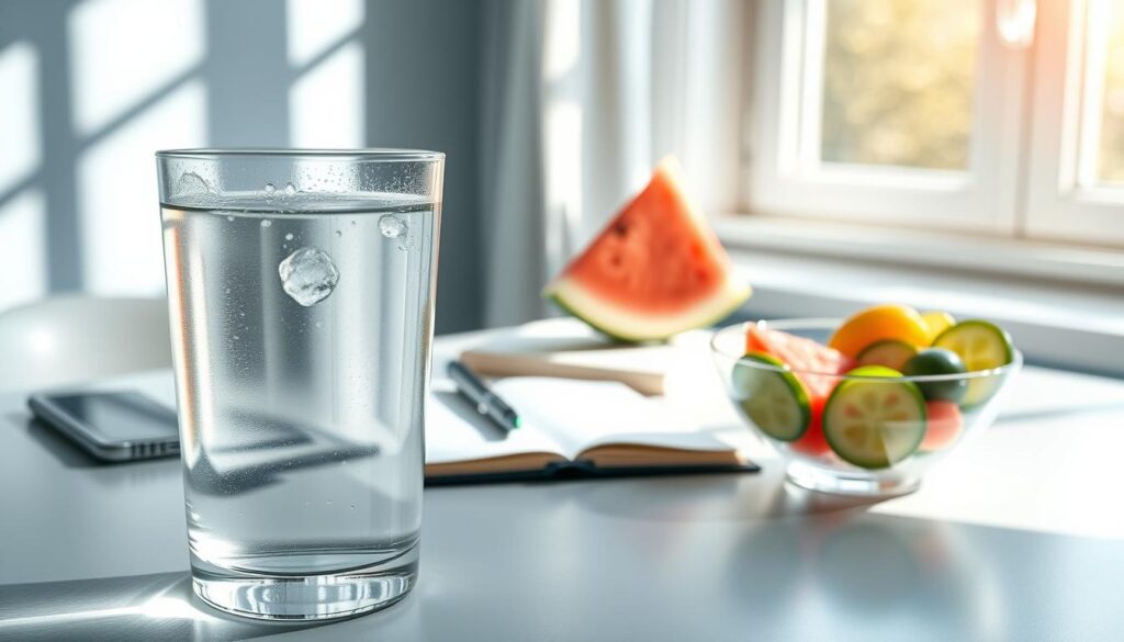 A serene and inviting workspace featuring a clean glass of water prominently in the foreground, with condensation forming on the sides, suggesting freshness. In the middle ground, a stylish, minimalist desk with essential items like a notebook, a pen, and a colorful fruit bowl filled with hydrating fruits like watermelon and cucumber slices. The background consists of soft, natural lighting streaming through a window, casting gentle shadows that create an uplifting atmosphere. The overall color palette is calming, with shades of blue and green, evoking a sense of hydration and vitality. The scene conveys a mood of tranquility and focus, emphasizing the importance of staying hydrated during fasting.