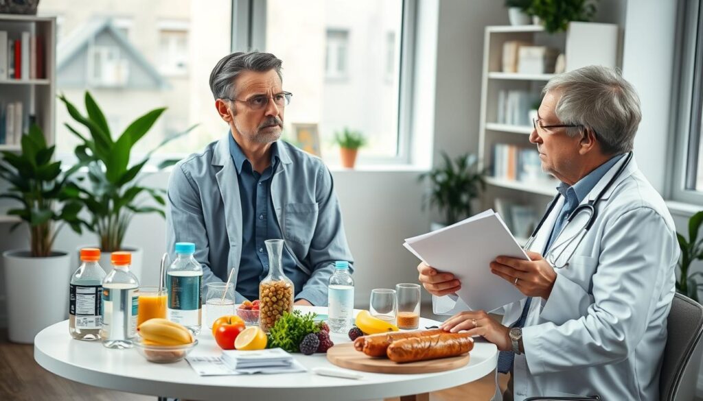 A serene doctor's office environment, softly lit with natural light filtering through large windows. In the foreground, a concerned middle-aged individual, dressed in smart casual attire, sits at a round table with a healthcare professional, who is wearing a lab coat and glasses, holding a notepad. On the table, various healthy food items, hydration solutions, and medical brochures about fasting are spread out. In the background, shelves filled with medical literature and plants create a calming atmosphere. The scene conveys a sense of caution and care, emphasizing the importance of seeking professional advice regarding intermittent fasting. The image should be balanced and focused on the interaction, showcasing thoughtful expressions and a professional setting, with a warm color palette to evoke trust and safety.