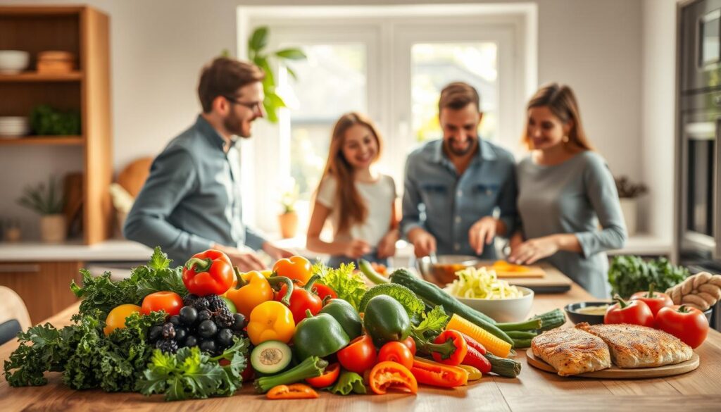 A serene, inviting kitchen setting bathed in soft, natural light, showcasing a variety of colorful, low-carb foods on a wooden table. In the foreground, a vibrant assortment of vegetables such as kale, bell peppers, and avocados is artistically arranged next to wholesome protein options like grilled chicken and salmon. In the middle ground, a family of four—including two adults and two children—are joyfully preparing a meal together, dressed in smart casual clothing, emphasizing a healthy lifestyle. The background features a window with green plants outside, creating a refreshing, positive atmosphere. The angle is slightly elevated, capturing the warmth of the scene while conveying a sense of togetherness and health. The overall mood is uplifting and inspiring, reflecting the broader health benefits of a low-carb diet beyond just weight management.