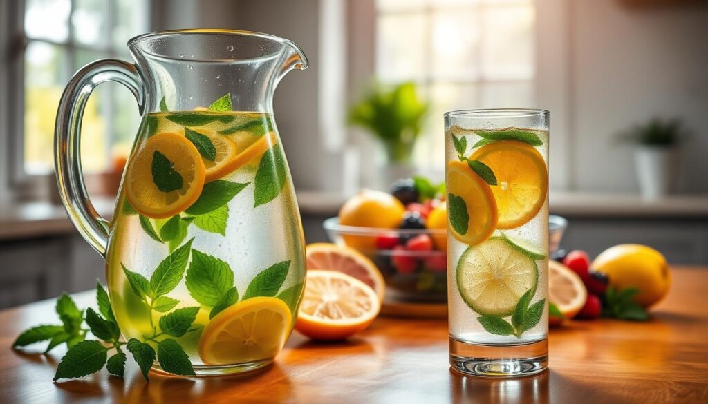 A serene kitchen setting bathed in warm, natural light, showcasing a glass pitcher filled with refreshing infused water, surrounded by vibrant citrus slices and fresh mint leaves, symbolizing hydration during detox. In the foreground, a stylish glass filled with the infused water sits on a polished wooden table, with droplets forming on the glass surface, evoking a sense of freshness. In the middle, a bowl of colorful fruits and vegetables, such as cucumbers, lemons, and berries, emphasizes the nutritious aspect of detox. The background features a softly blurred window view of a lush garden, enhancing the tranquil atmosphere. The mood is refreshing and invigorating, promoting wellness and a clean lifestyle. Ensure that no human figures are present, allowing the focus to remain on the hydration theme.