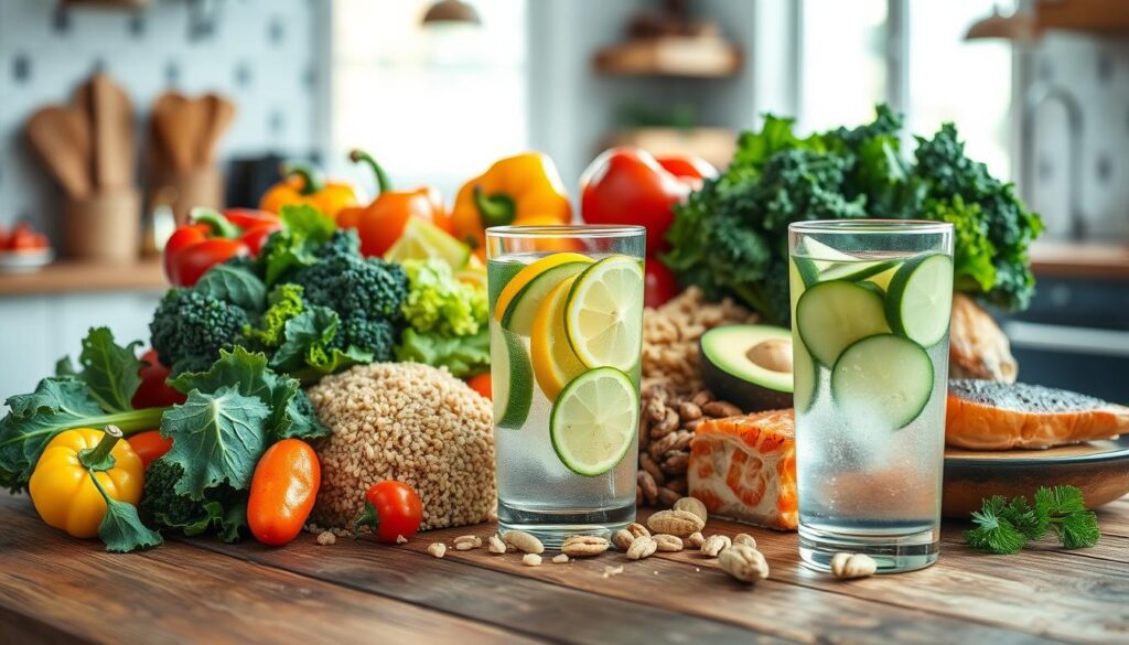 A vibrant and appealing arrangement of healthy foods ideal for fat loss, featuring a selection of colorful vegetables like kale, bell peppers, and broccoli, alongside lean proteins such as grilled chicken breast and salmon. Include whole grains like quinoa and brown rice, as well as healthy fats like avocado and nuts, all artfully presented on a rustic wooden table. In the foreground, a crystal-clear glass of infused water with slices of lemon and cucumber adds a refreshing touch. The background softly blurred, hints at a bright kitchen environment with natural light pouring in through a window, creating a warm and inviting atmosphere. Use a shallow depth of field to focus on the food display, while maintaining a sense of homeliness. Overall, the mood is encouraging and motivational, embodying a lifestyle of healthy eating.