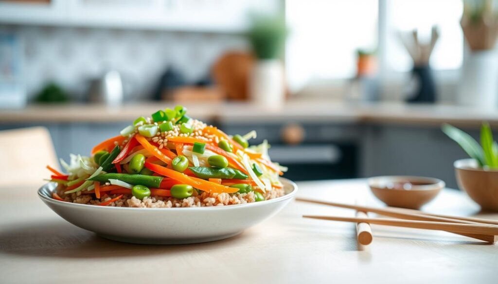 A vibrant and colorful healthy egg roll bowl, featuring a generous mix of sliced carrots, bell peppers, edamame, and shredded cabbage, all nestled atop a bed of brown rice. In the foreground, the bowl is elegantly presented on a light wooden table, with a pair of chopsticks resting beside it. The middle ground showcases a fresh garnish of sesame seeds and green onions sprinkled on top, accentuating the dish's textures. In the background, a softly blurred kitchen setting with natural light streaming in through a window, enhancing the inviting atmosphere. The image captures a warm and nutritious lunch vibe, with an emphasis on freshness and health. The composition is shot at a slight angle to highlight the colorful ingredients, creating a mouthwatering and appealing culinary visual.