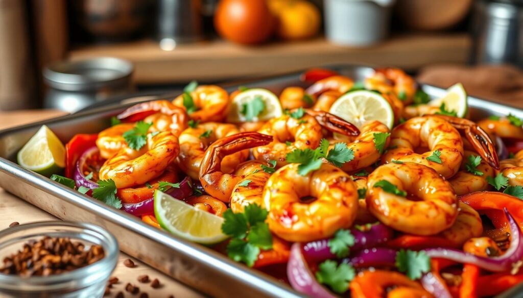 A vibrant and colorful sheet pan featuring perfectly cooked chipotle lime shrimp, garnished with fresh cilantro and lime wedges. The shrimp should be glossy, showcasing a rich orange-red hue indicative of the chipotle seasoning, nestled on a bed of roasted bell peppers and red onions. In the foreground, include a scattering of spices and a small bowl of fresh lime slices. The background should softly blur a rustic kitchen setting with warm, inviting lighting that emphasizes the appetizing dish. Capture the scene from a slightly elevated angle to provide a bird's-eye view of the ingredients and the deliciously baked shrimp, exuding a warm, inviting atmosphere perfect for food lovers and home cooks.