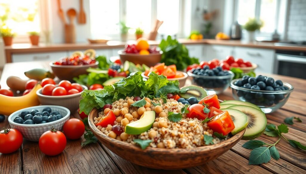 A vibrant and inviting protein bowl spread across a rustic wooden table, featuring various healthy ingredients. In the foreground, a beautifully arranged bowl includes quinoa, chickpeas, sliced avocado, cherry tomatoes, and mixed greens, garnished with fresh herbs. Nearby, there are bowls filled with bright fruits like blueberries and kiwi, emphasizing a refreshing summer theme. In the middle ground, a light and airy kitchen environment is visible, showcasing utensils and colorful meal-prepping items. Natural sunlight streams through large windows, casting soft shadows and illuminating the fresh ingredients, creating a warm and invigorating atmosphere. The image is captured from a slightly elevated angle, emphasizing the arrangement without overwhelming details, focusing on the essence of healthy, no-cook meals. The overall mood is fresh, lively, and appealing, perfect for a summer recipe theme.