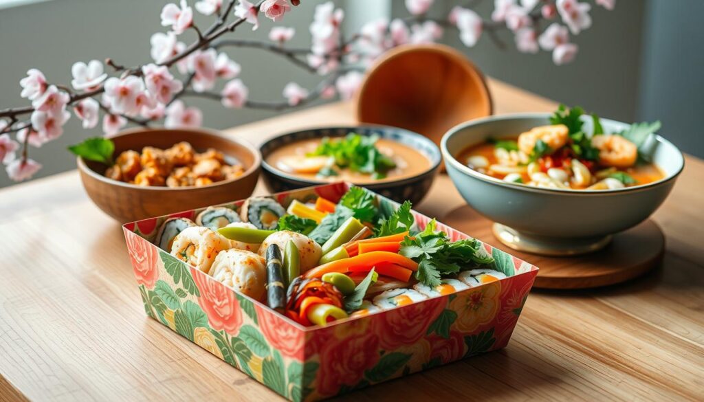 A vibrant assortment of healthy Asian lunch recipes beautifully arranged on a wooden table. In the foreground, a colorful bento box filled with sushi rolls, edamame, and pickled vegetables, showcasing intricate details and vibrant colors. Beside it, a bowl of steaming ramen garnished with fresh herbs and vegetables. In the middle ground, a small plate of rice paper rolls filled with shrimp and greens, drizzled with a peanut dipping sauce. The background includes softly blurred cherry blossom branches, enhancing the Asian theme. Soft diffused natural light illuminates the scene, creating a warm and inviting atmosphere. The angle is slightly elevated, providing a clear view of the delicious dishes while maintaining an artistic depth of field.