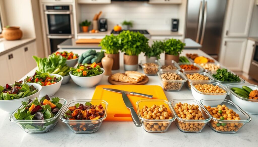 A vibrant buffet meal prep scene featuring a variety of colorful, healthy ingredients arranged on a large kitchen island. In the foreground, bowls filled with mixed greens, roasted vegetables, quinoa, grilled chicken, and chickpeas are artfully displayed. In the middle, sleek containers are set for meal portions, with a bright cutting board and knife beside them, emphasizing simplicity and accessibility in meal prep. The background showcases a well-lit kitchen with modern appliances and fresh herbs in pots, creating an inviting atmosphere. The lighting is warm and natural, highlighting the freshness of the food. The scene evokes a sense of energy and efficiency, perfect for busy individuals looking for healthy meal prep options.