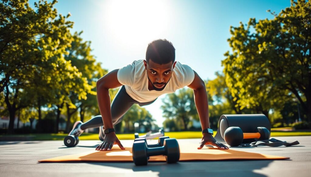 A vibrant, dynamic fitness scene showcasing a mid-action view of an individual performing exercise routines aimed at belly fat reduction. In the foreground, a diverse individual in professional workout attire (such as a fitted t-shirt and workout leggings) is engaging in a plank position, demonstrating core strength. In the middle ground, various exercise equipment like dumbbells and a yoga mat are arranged artistically, suggesting a multifaceted workout routine. The background features a sunny outdoor park with green trees and a clear blue sky, radiating an uplifting and invigorating atmosphere. The lighting is bright and natural, capturing the energy of a sunny day. The image is framed with a slight upward angle to emphasize the determination and effort during the workout.