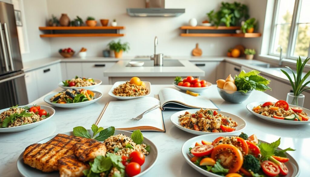 A vibrant kitchen scene showcasing a diverse meal plan that emphasizes flexibility. In the foreground, colorful plates filled with nutritious, delicious food options, including grilled chicken, quinoa salads, steamed vegetables, and fresh fruits, elegantly arranged. In the middle ground, a sleek, modern kitchen island with an open recipe book and measuring cups, conveying an inviting cooking environment. In the background, soft sunlight filters through large windows, illuminating the space and creating a warm, welcoming atmosphere. The mood is uplifting and motivating, highlighting the joy of healthy cooking. The scene should not contain human subjects, focusing solely on the beautifully arranged food and kitchen setting, captured in a bright, inviting light with a slight overhead angle to add depth.