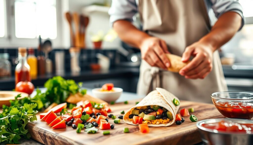 A vibrant kitchen scene showcasing the preparation of a delicious breakfast burrito. In the foreground, a skilled chef in a clean, modest apron is rolling a tortilla filled with scrambled eggs, black beans, cheese, diced tomatoes, and avocado. The middle of the composition features a cutting board adorned with fresh ingredients, including cilantro, jalapeños, and a bowl of salsa, all illuminated by bright, natural light streaming through a nearby window. In the background, kitchen utensils and a colorful assortment of spices create a warm, inviting atmosphere. The image should have a shallow depth of field, focusing on the burrito preparation while subtly blurring the background, evoking a cheerful and energetic mood, perfect for a quick and nutritious breakfast.