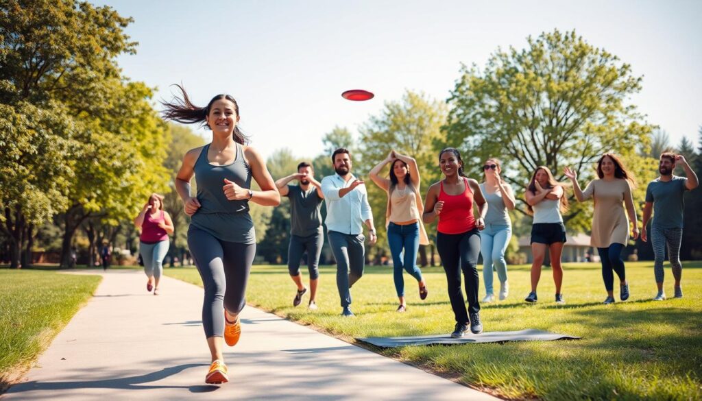 A vibrant outdoor scene depicting a diverse group of people engaging in various physical activities to promote weight management. In the foreground, a fit woman in modest athletic wear jogs along a sunlit park path, her expression focused and energized. Nearby, a middle-aged man performs stretches on a yoga mat, showcasing flexibility and determination. In the middle ground, a group of friends toss a frisbee, laughter captured in their joyful expressions. The background features a clear blue sky and leafy green trees, emphasizing a serene, uplifting atmosphere. The lighting is bright and warm, suggesting a late afternoon, with soft shadows creating depth. The angle is slightly elevated, providing an inclusive view of the activities while keeping the environment inviting and encouraging a sense of community and wellness.