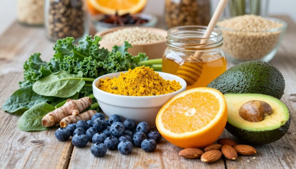 A vibrant, visually appealing arrangement of anti-inflammatory foods on a rustic wooden table. In the foreground, feature a variety of colorful fruits like fresh blueberries, juicy oranges, and ripe avocados, accompanied by green leafy vegetables such as kale and spinach. In the middle, display a bowl of golden turmeric, a jar of rich honey, and scattered almonds, showcasing their textures and colors. The background features soft-focus images of spices and whole grains like quinoa and brown rice, enhancing the feeling of a nourishing kitchen environment. Use natural lighting to create a warm and inviting atmosphere, with a shallow depth of field to draw attention to the foreground ingredients. The overall mood should evoke health, vitality, and a holistic approach to diet.