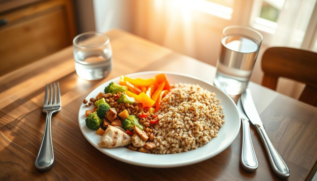 A vibrant, well-balanced dining plate for a diabetes-friendly meal, divided into three sections: one-third lean protein sources like grilled chicken and lentils, one-third non-starchy vegetables, vividly colored and fresh, such as broccoli and bell peppers, and one-third whole grains like quinoa or brown rice. The plate is arranged on a wooden dining table, with a soft-focus background of a cozy kitchen ambiance, featuring warm, natural light streaming in through a window. A tasteful table setting includes a fork and knife beside the plate, and a glass of water in clear view. The overall atmosphere is calm and inviting, promoting a healthy lifestyle. The scene is captured from a top-down angle to clearly highlight the plate composition.