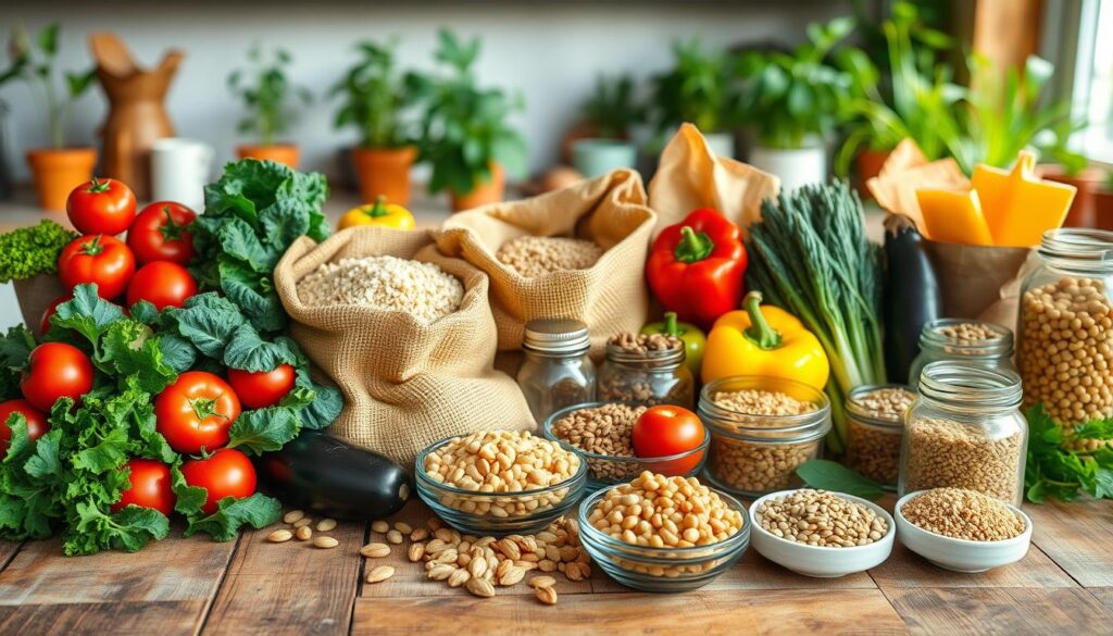 A vibrant, well-organized vegan shopping list on a rustic wooden table. In the foreground, colorful vegetables such as ripe tomatoes, leafy kale, bright bell peppers, and eggplants create an inviting array. Beside them, grains like quinoa and brown rice are in natural burlap sacks. In the middle ground, neatly arranged legumes in glass jars include lentils and chickpeas, alongside a variety of nuts and seeds in small bowls. The background features a kitchen setting with herbal plants in pots and a softly lit window casting a warm glow. The atmosphere is fresh and healthy, evoking a sense of abundance and mindfulness in vegan living. The scene is captured in bright, natural lighting, with a slight aerial perspective to showcase the entirety of the ingredients.