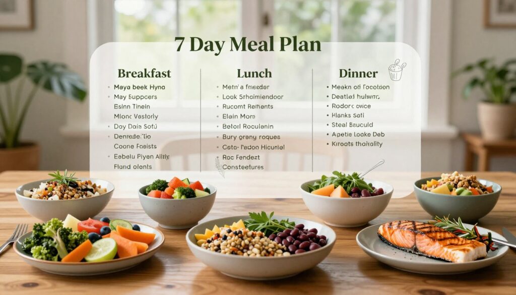 A visually appealing 7-day meal plan breakdown presented on a wooden dining table. In the foreground, vibrant, healthy meals are displayed in attractive bowls, featuring colorful fruits, vegetables, whole grains, and protein sources like grilled salmon and legumes. Each meal is portioned neatly to emphasize variety and balance. In the middle, a clear, organized chart outlines each day's meals, including breakfast, lunch, and dinner, depicted with elegant illustrations. In the background, soft natural light filters through a window, creating a warm and inviting atmosphere. Incorporate subtle greenery, such as potted herbs or plants, to enhance the health-focused theme. The composition should convey a sense of calm and wellness, with an inviting and organized feel, ideal for an audience seeking dietary inspiration.