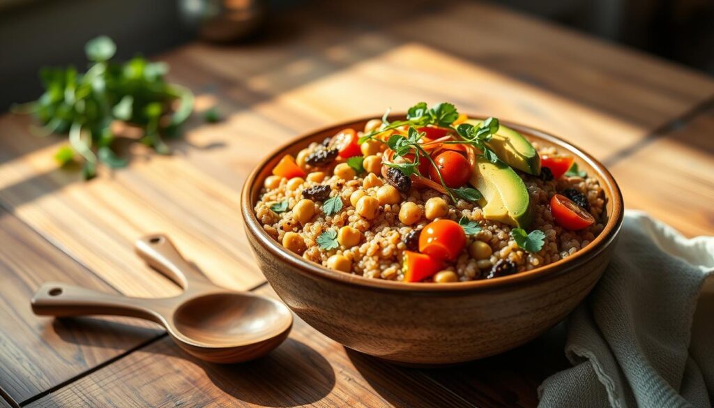 A visually appealing, hearty grain bowl filled with a vibrant mix of ingredients. In the foreground, showcase a deep ceramic bowl overflowing with quinoa, brown rice, and farro, topped with diced avocado, roasted chickpeas, cherry tomatoes, shredded carrots, and microgreens. In the middle ground, incorporate a wooden serving spoon resting beside the bowl. In the background, set a rustic wooden table with soft, natural lighting casting gentle shadows, evoking a cozy and inviting atmosphere. Use a shallow depth of field to slightly blur the background, keeping the focus sharp on the grain bowl. The overall mood should be warm and wholesome, suggesting nourishment and vitality.