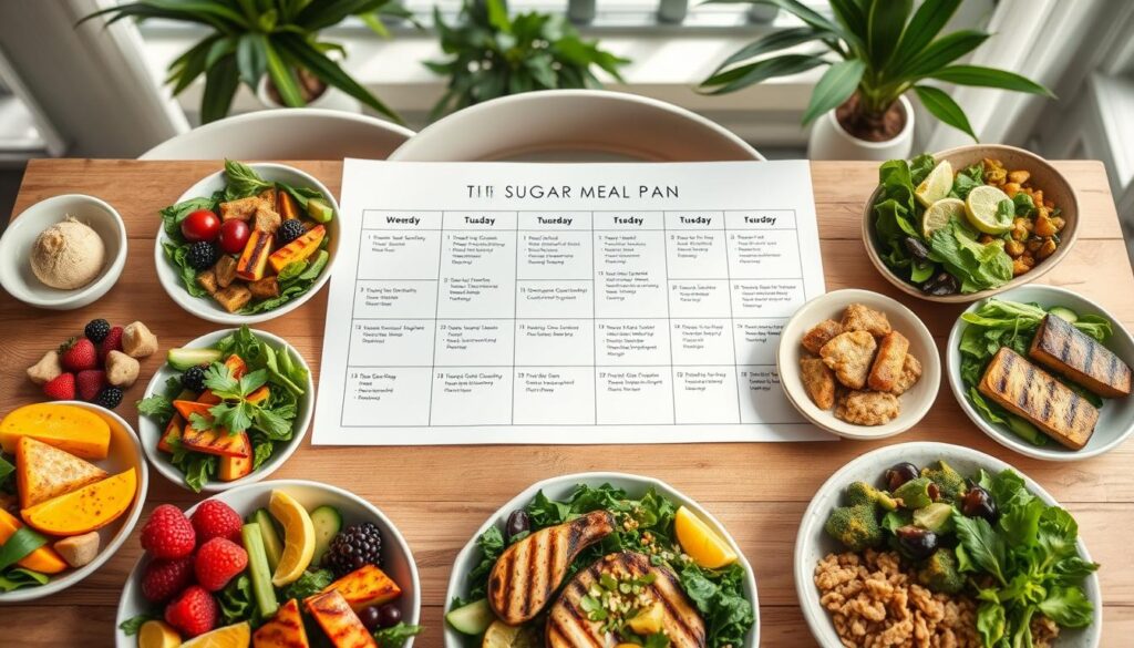 A visually compelling overview of a 7-day low-sugar meal plan, featuring a neatly arranged table displaying a variety of healthy, low-sugar meals. In the foreground, showcase a vibrant selection of colorful plates with fresh fruits, leafy greens, grilled lean proteins, and whole grains. In the middle, include a clean, organized weekly planner with each day’s meals listed in an aesthetically pleasing manner, utilizing a soothing color palette of greens, yellows, and earth tones. The background should feature soft natural lighting, evoking a warm, inviting atmosphere with hints of greenery to reinforce the theme of healthy eating. The angle should be a slightly elevated top-down view, creating a sense of openness and accessibility for viewers interested in a balanced low-sugar diet.