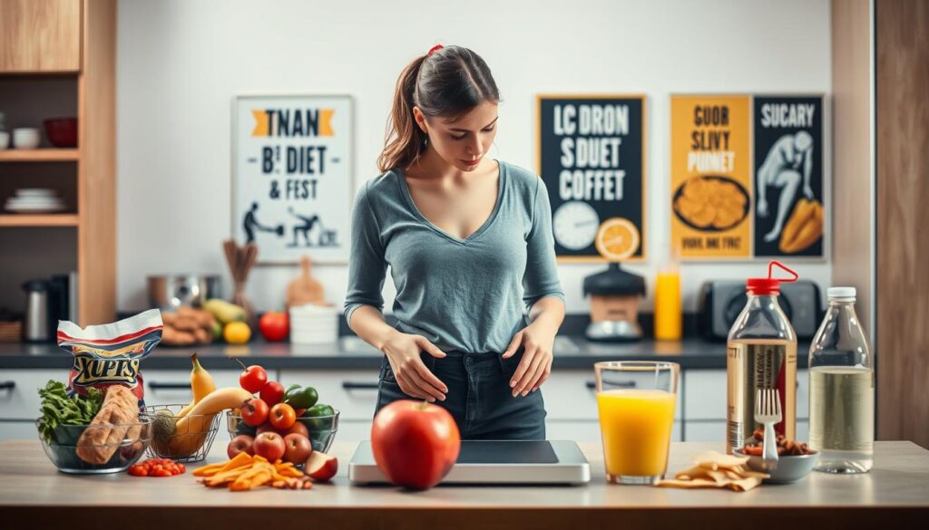 A visually engaging conceptual image illustrating common belly fat reduction mistakes. Foreground: a professional-looking kitchen counter with healthy food choices like fruits, vegetables, and lean proteins, contrasted by unhealthy snacks like chips and sugary drinks. Middle ground: a figure of a woman in modest casual clothing, thoughtfully looking at a scale, embodying a sense of concern and contemplation about her weight loss journey. Background: a warm, well-lit kitchen setting with motivational posters related to fitness and diet, enhancing a supportive atmosphere. The lighting should be bright and inviting, casting soft shadows to create depth. Overall mood: introspective yet hopeful, emphasizing the importance of mindful choices in a belly fat reduction journey.