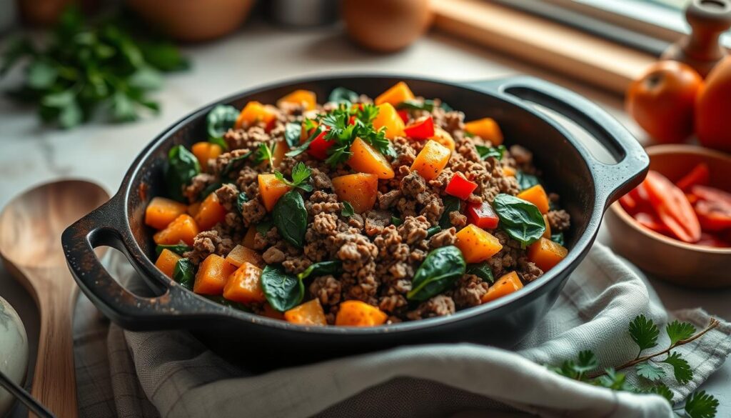 A warm and inviting ground turkey sweet potato skillet dish, centrally displayed in a rustic cast iron skillet. The vibrant orange and yellow tones of diced sweet potatoes contrast beautifully with the savory brown ground turkey, accented by fresh green spinach and diced red bell peppers, creating a colorful and appetizing scene. Include a sprinkling of chopped parsley on top for garnish. Surround the skillet with wooden utensils and a soft, checkered linen cloth in the foreground. Use soft, natural lighting from a window to highlight the textures of the ingredients, captured from a slightly elevated angle for a homey, comforting atmosphere. In the background, a blurred kitchen countertop with a hint of fresh herbs and spices adds warmth without distraction.