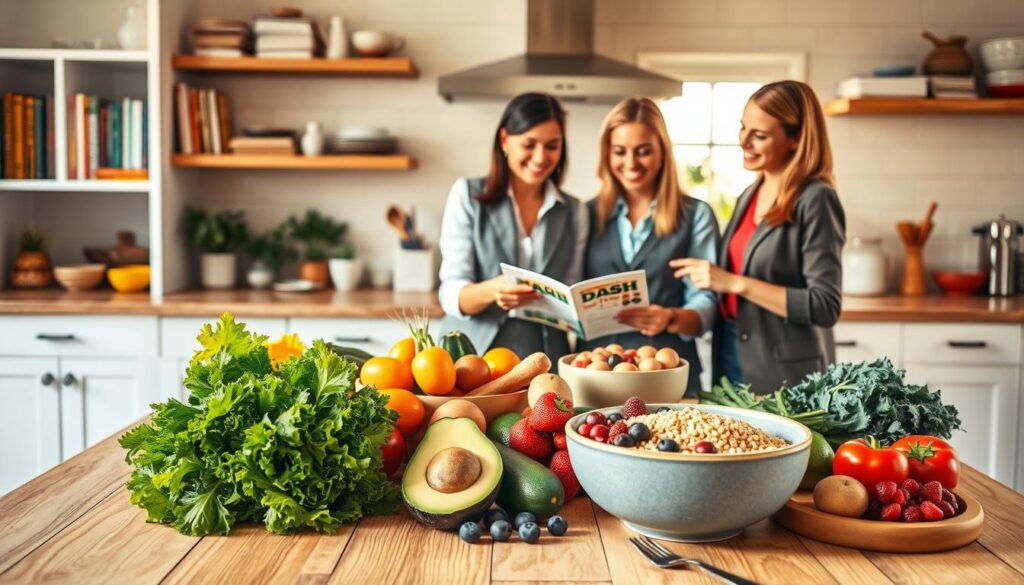A well-organized kitchen setting, emphasizing the implementation of the DASH diet. In the foreground, a vibrant wooden table laden with colorful fruits and vegetables such as kale, berries, and avocados. A bowl of whole grains, like quinoa or brown rice, is prominently displayed. In the middle ground, a diverse group of three individuals dressed in professional casual attire are discussing and planning meals together, pointing at a nutrition guide. They are depicted as engaged and cheerful, symbolizing teamwork in healthy eating. The background features shelves with cookbooks and kitchen utensils, with warm, natural lighting filtering through a window, creating a welcoming and inspiring atmosphere. The overall mood is vibrant, healthy, and motivating, encouraging viewers to embrace the DASH diet.