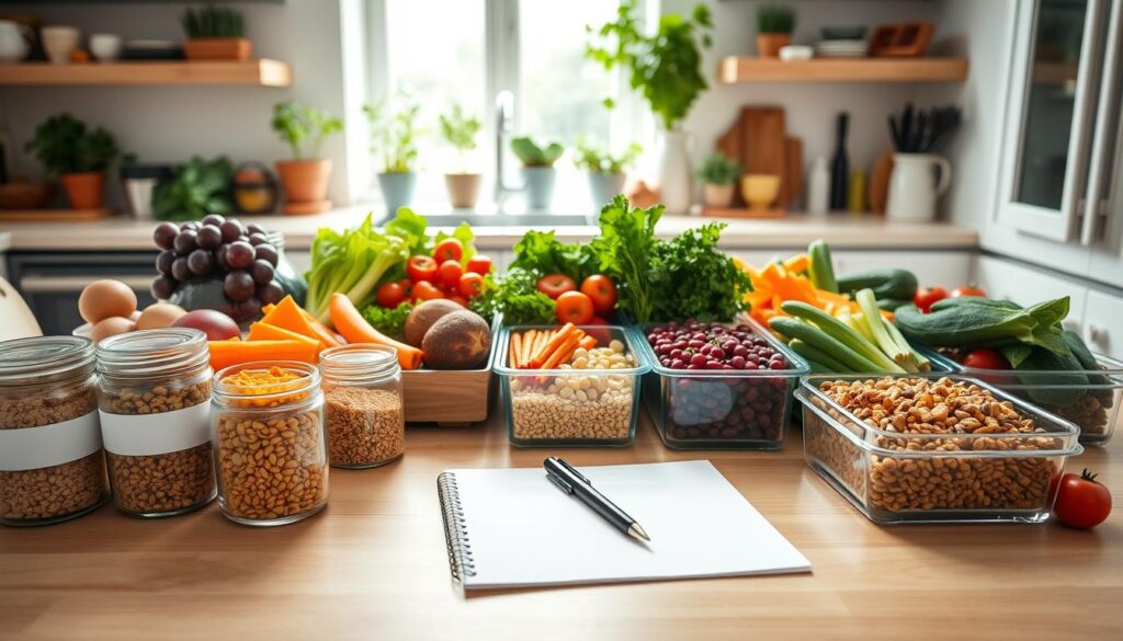 A well-organized kitchen tabletop featuring a vibrant spread of fresh, colorful vegetables and legumes, artfully arranged in meal prep containers. In the foreground, there are neatly labeled jars filled with grains and spices. The middle ground showcases a sleek notepad and a stylus, emphasizing meticulous meal planning. The background reveals a light-filled kitchen with potted herbs on the windowsill, creating an inviting atmosphere. Soft, natural light streams in, casting gentle shadows that enhance the textures of the food. The overall mood is calm, focused, and encouraging, ideal for a strategic approach to healthy vegetarian meal planning.