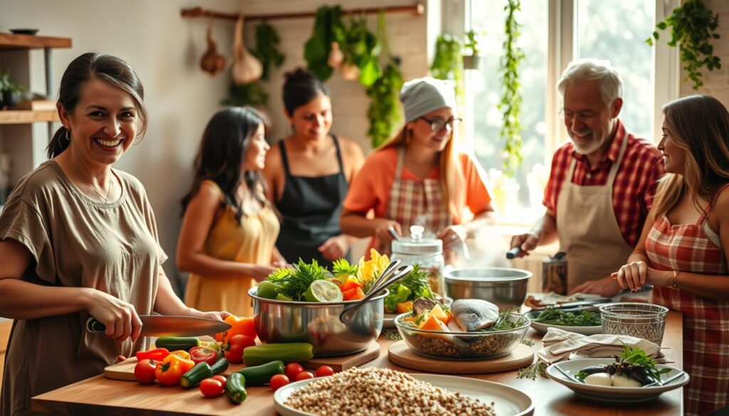 In a warm, sunlit kitchen, a diverse group of people prepares a vibrant Mediterranean meal, showcasing the cultural adaptation of traditional Mediterranean diet principles. In the foreground, a smiling woman in modest casual clothing chops colorful vegetables like tomatoes, bell peppers, and cucumbers, while a middle-aged man stirs a fragrant pot of olive oil and herbs. In the middle, a wooden dining table is adorned with fresh ingredients such as whole grains, fish, and aromatic spices. Soft natural light filters through a nearby window, creating a welcoming atmosphere. The background features hanging garlic and fresh herbs, emphasizing a rustic Mediterranean charm. The mood is lively and communal, illustrating the joy of cooking together while embracing healthy eating. The image composition uses a slightly elevated angle, capturing the bustling energy of the kitchen.