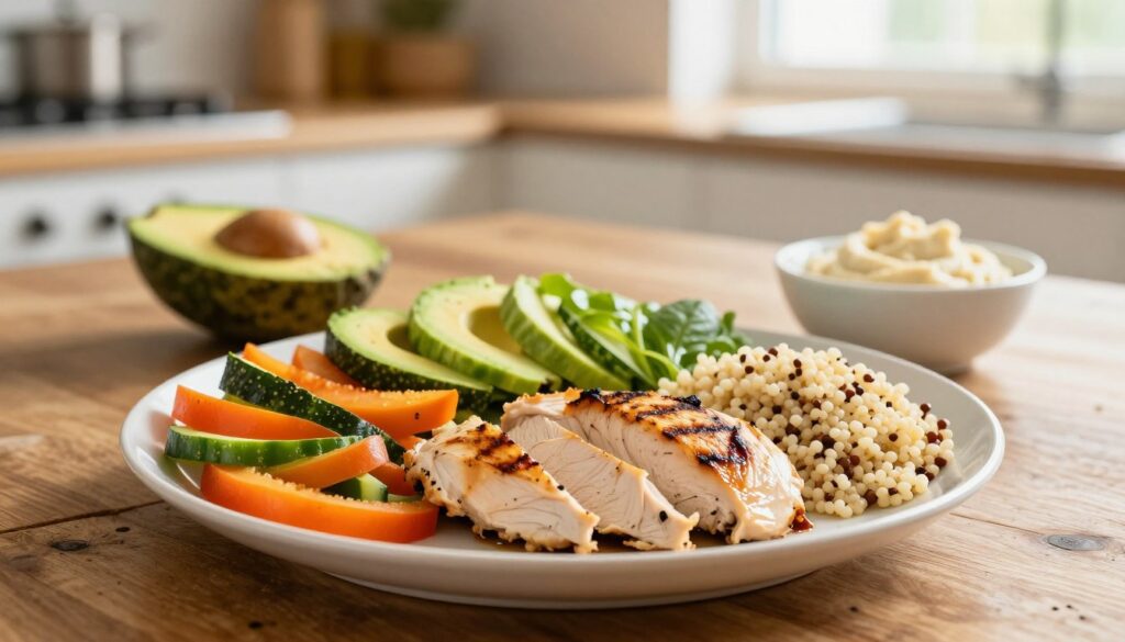 A beautifully arranged plate showcasing the "perfect plate method for balanced meals." In the foreground, a vibrant plate filled with half a variety of colorful vegetables, a quarter of lean protein such as grilled chicken breast, and a quarter of whole grains like quinoa. The plate is set on a rustic wooden table. In the middle ground, there are healthy condiments like avocado and hummus in small bowls, adding appeal. The background features a softly blurred kitchen setting with warm, natural lighting pouring through a window, creating a welcoming atmosphere. The focus should be sharp on the plate, emphasizing the fresh ingredients and balanced proportions, evoking a sense of health and well-being. A beautifully arranged plate showcasing the "perfect plate method for balanced meals." In the foreground, a vibrant plate filled with half a variety of colorful vegetables, a quarter of lean protein such as grilled chicken breast, and a quarter of whole grains like quinoa. The plate is set on a rustic wooden table. In the middle ground, there are healthy condiments like avocado and hummus in small bowls, adding appeal. The background features a softly blurred kitchen setting with warm, natural lighting pouring through a window, creating a welcoming atmosphere. The focus should be sharp on the plate, emphasizing the fresh ingredients and balanced proportions, evoking a sense of health and well-being.