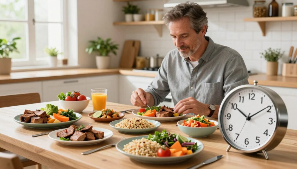 A beautifully arranged table featuring a balanced meal for optimal energy, showcasing colorful plates of lean protein, vibrant vegetables, and healthy grains. In the foreground, a gleaming clock symbolizes meal timing, with its hands pointing to key mealtimes. The middle ground includes a light-filled kitchen setting, where a well-dressed middle-aged man in a smart casual outfit is thoughtfully planning his meals. Soft, natural lighting filters through a window, casting gentle shadows and creating a warm atmosphere. In the background, shelves lined with nutritious foods and herbs emphasize a health-focused environment. The overall mood is inspiring and motivational, illustrating the importance of timing in meal preparation to fuel energy levels effectively. A beautifully arranged table featuring a balanced meal for optimal energy, showcasing colorful plates of lean protein, vibrant vegetables, and healthy grains. In the foreground, a gleaming clock symbolizes meal timing, with its hands pointing to key mealtimes. The middle ground includes a light-filled kitchen setting, where a well-dressed middle-aged man in a smart casual outfit is thoughtfully planning his meals. Soft, natural lighting filters through a window, casting gentle shadows and creating a warm atmosphere. In the background, shelves lined with nutritious foods and herbs emphasize a health-focused environment. The overall mood is inspiring and motivational, illustrating the importance of timing in meal preparation to fuel energy levels effectively.