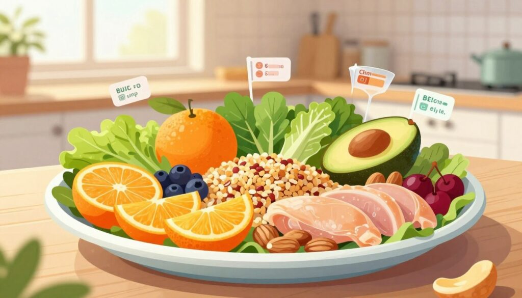 A vibrant and informative illustration showcasing essential nutrients for teenagers, featuring a balanced plate displayed prominently in the foreground. The plate is filled with a variety of colorful foods: bright fruits like oranges and berries, leafy greens, whole grains, lean protein sources like chicken and legumes, and healthy fats such as avocados and nuts. In the middle ground, include subtle visual elements like measuring cups and nutrient labels to emphasize portions and information. The background should be a soft blur of a bright kitchen setting, with sunlight streaming through a window, creating a warm and inviting atmosphere. Use a slightly elevated angle to capture the arrangement, and ensure the lighting highlights the freshness of the foods, evoking a sense of health and vitality. A vibrant and informative illustration showcasing essential nutrients for teenagers, featuring a balanced plate displayed prominently in the foreground. The plate is filled with a variety of colorful foods: bright fruits like oranges and berries, leafy greens, whole grains, lean protein sources like chicken and legumes, and healthy fats such as avocados and nuts. In the middle ground, include subtle visual elements like measuring cups and nutrient labels to emphasize portions and information. The background should be a soft blur of a bright kitchen setting, with sunlight streaming through a window, creating a warm and inviting atmosphere. Use a slightly elevated angle to capture the arrangement, and ensure the lighting highlights the freshness of the foods, evoking a sense of health and vitality.