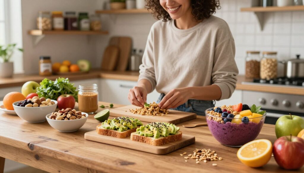 A vibrant kitchen setting filled with healthy snacks ideal for weight gain. In the foreground, a rustic wooden table displays an array of colorful, nutritious foods: bowls of mixed nuts, creamy avocado toast topped with seeds, and a large smoothie bowl adorned with fresh fruits and granola. The middle ground features a cheerful individual in modest casual clothing preparing snacks, with an enthusiastic and focused expression. Soft, warm lighting illuminates the scene, creating a welcoming atmosphere. In the background, shelves are lined with jars of nut butters, fruits, and whole grain options, conveying an organized and healthy lifestyle. The lens captures this scene from a slightly elevated angle, providing a comprehensive view of the vibrant healthy eating environment.