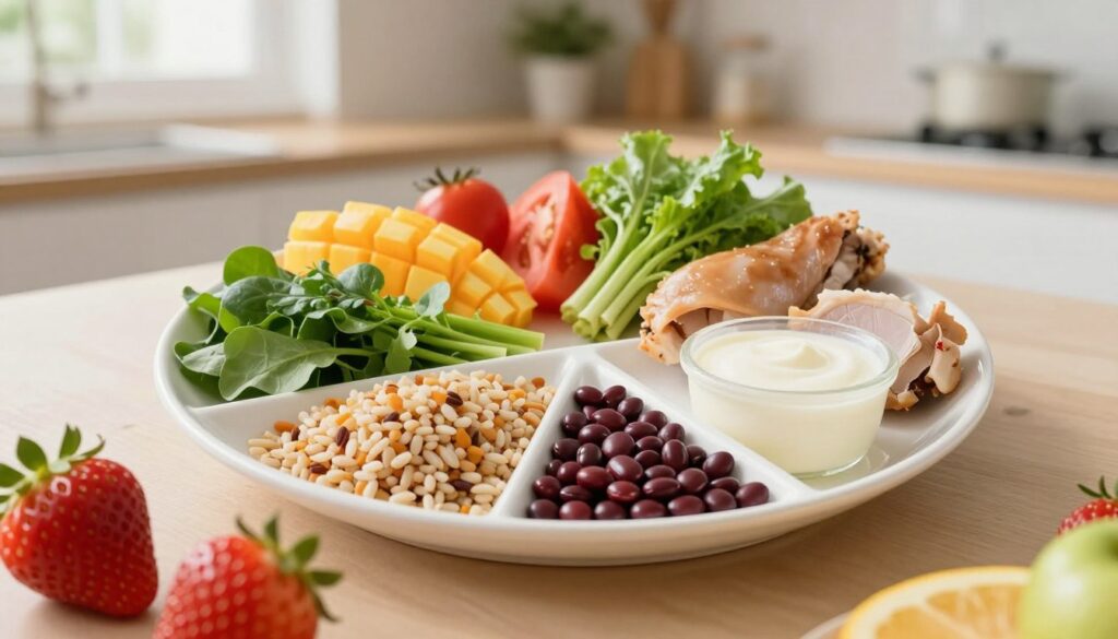 A visually engaging representation of the MyPlate model tailored for teenagers, featuring a circular plate divided into four sections representing fruits, vegetables, grains, and proteins, with a small dairy section beside it. In the foreground, include a vibrant array of colorful fruits and vegetables like strawberries, leafy greens, whole grains like brown rice, and lean proteins such as chicken and legumes. In the middle ground, a backdrop of a well-lit kitchen with soft, natural lighting that creates a warm, inviting atmosphere, accentuating the importance of healthy eating. Use a slightly elevated angle to showcase the plate's sections effectively, highlighting balance and variety. The mood is motivational and cheerful, conveying a sense of health, well-being, and fitness for teenagers. A visually engaging representation of the MyPlate model tailored for teenagers, featuring a circular plate divided into four sections representing fruits, vegetables, grains, and proteins, with a small dairy section beside it. In the foreground, include a vibrant array of colorful fruits and vegetables like strawberries, leafy greens, whole grains like brown rice, and lean proteins such as chicken and legumes. In the middle ground, a backdrop of a well-lit kitchen with soft, natural lighting that creates a warm, inviting atmosphere, accentuating the importance of healthy eating. Use a slightly elevated angle to showcase the plate's sections effectively, highlighting balance and variety. The mood is motivational and cheerful, conveying a sense of health, well-being, and fitness for teenagers.