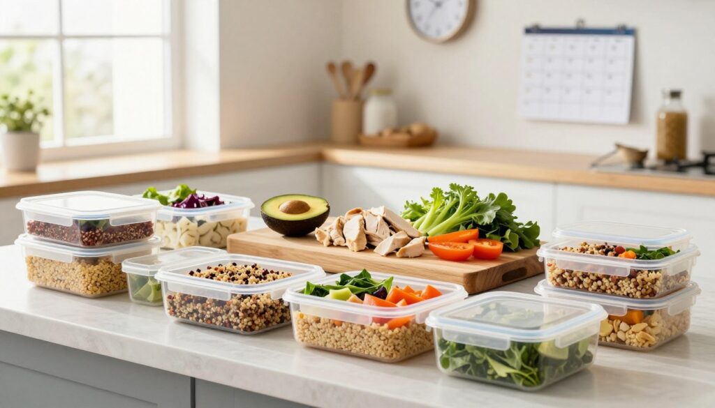 A well-organized meal prep station in a bright kitchen, featuring an array of colorful, nutritious foods suitable for a weight gain diet. In the foreground, neatly labeled meal containers filled with grains, proteins, and vegetables, showcasing portion sizes. The middle segment displays a wooden cutting board with freshly chopped ingredients—avocado, chicken, quinoa, and vibrant leafy greens—while kitchen tools like measuring cups and spoons are within easy reach. In the background, soft natural light streams through a window, creating a warm and inviting atmosphere. A wall-mounted calendar and a clock emphasize the concept of busy schedules. The overall mood is focused yet uplifting, illustrating effective meal prep strategies for healthy living.