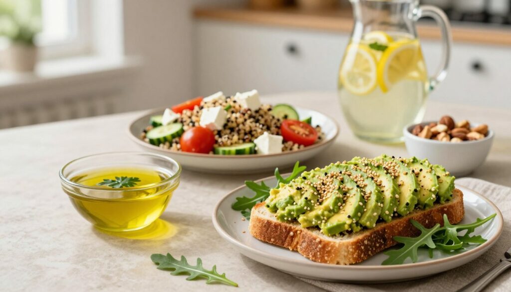 A beautifully arranged table featuring a variety of gut-soothing meals that incorporate healthy fats. In the foreground, showcase a vibrant plate of creamy avocado toast sprinkled with sesame seeds and surrounded by fresh arugula. Beside it, a bowl of rich, golden olive oil with herbs for dipping. In the middle, display a colorful quinoa salad with cherry tomatoes, cucumber, and feta cheese, drizzled with a light vinaigrette. In the background, softly blurred, include a pitcher of infused lemon water and a small dish of mixed nuts. Natural light pours in from the left, creating a warm, inviting atmosphere. The image captures a sense of health and wellness, evoking feelings of nourishment and care for the body. The table is set in a cozy kitchen with subtle hints of greenery. A beautifully arranged table featuring a variety of gut-soothing meals that incorporate healthy fats. In the foreground, showcase a vibrant plate of creamy avocado toast sprinkled with sesame seeds and surrounded by fresh arugula. Beside it, a bowl of rich, golden olive oil with herbs for dipping. In the middle, display a colorful quinoa salad with cherry tomatoes, cucumber, and feta cheese, drizzled with a light vinaigrette. In the background, softly blurred, include a pitcher of infused lemon water and a small dish of mixed nuts. Natural light pours in from the left, creating a warm, inviting atmosphere. The image captures a sense of health and wellness, evoking feelings of nourishment and care for the body. The table is set in a cozy kitchen with subtle hints of greenery.