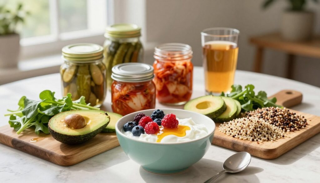 A beautifully arranged table featuring the best foods for a healthy gut, emphasizing vibrant fruits, vegetables, and probiotic-rich items. In the foreground, a colorful bowl of Greek yogurt topped with fresh berries and a drizzle of honey, surrounded by a cutting board with sliced avocados, leafy greens, and a variety of whole grains like quinoa and brown rice. The middle layer showcases jars of pickled vegetables, kimchi, and a glass of kombucha, all artistically placed. In the background, soft natural lighting filters through a window, casting gentle shadows and creating a warm, inviting atmosphere. The setting should evoke a sense of health and wellness, ideal for a lifestyle-focused article on nutrition. A beautifully arranged table featuring the best foods for a healthy gut, emphasizing vibrant fruits, vegetables, and probiotic-rich items. In the foreground, a colorful bowl of Greek yogurt topped with fresh berries and a drizzle of honey, surrounded by a cutting board with sliced avocados, leafy greens, and a variety of whole grains like quinoa and brown rice. The middle layer showcases jars of pickled vegetables, kimchi, and a glass of kombucha, all artistically placed. In the background, soft natural lighting filters through a window, casting gentle shadows and creating a warm, inviting atmosphere. The setting should evoke a sense of health and wellness, ideal for a lifestyle-focused article on nutrition.