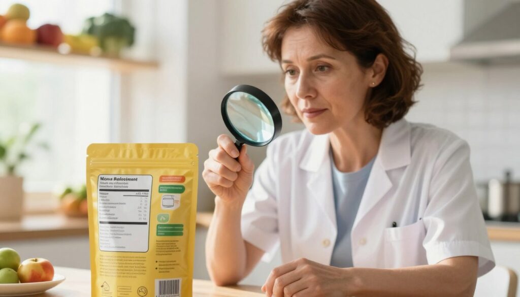 A close-up of a meal replacement product label being carefully examined by a person in professional attire, situated in a bright and modern kitchen. The individual, a middle-aged woman with short brown hair, is focused on scrutinizing the nutritional information, using a magnifying glass. In the foreground, the product is prominently displayed, showcasing its vibrant packaging, detailed nutritional facts, and ingredient list. The kitchen is well-lit with sunlight streaming through a window, creating a warm and inviting atmosphere. In the background, shelves filled with fruits and vegetables add a touch of health and wellness, enhancing the theme of dietary consideration. The overall mood conveys earnestness and thoughtful evaluation, inviting viewers to reflect on the implications of meal replacement options. A close-up of a meal replacement product label being carefully examined by a person in professional attire, situated in a bright and modern kitchen. The individual, a middle-aged woman with short brown hair, is focused on scrutinizing the nutritional information, using a magnifying glass. In the foreground, the product is prominently displayed, showcasing its vibrant packaging, detailed nutritional facts, and ingredient list. The kitchen is well-lit with sunlight streaming through a window, creating a warm and inviting atmosphere. In the background, shelves filled with fruits and vegetables add a touch of health and wellness, enhancing the theme of dietary consideration. The overall mood conveys earnestness and thoughtful evaluation, inviting viewers to reflect on the implications of meal replacement options.