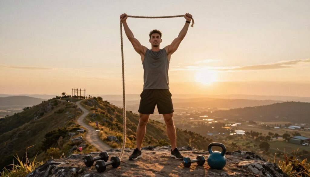 A determined individual in athletic wear, standing triumphantly at the peak of a hill, symbolizing the achievement of overcoming weight loss plateaus. In the foreground, they are grasping a rope, metaphorically representing the struggle and effort involved in the weight loss journey. The middle ground features a varied landscape of paths and obstacles, such as rocky terrains and fitness equipment like dumbbells and kettlebells, illustrating the hurdles faced. The background includes a vibrant sunrise, casting warm golden light that represents new beginnings and motivation. The scene is captured from a low angle, enhancing the sense of accomplishment. The mood is uplifting and inspiring, encouraging viewers to feel a sense of determination and hope in their weight loss journey.